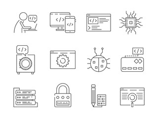 Sticker - Programmer icon. Coder web dev worker bug fixes nodes qa system testing engineering vector thin line symbols. Illustration of programming and testing