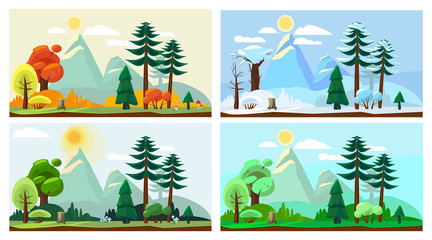 Poster - Four season landscape. Spring autumn summer winter weather nature scenery vector cartoon background. Winter and summer, spring and autumn illustration