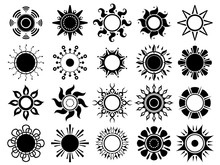 Sun Silhouettes Icon. Weather Summers Hot Sunshine Black Graphic Symbols Vector Isolated. Illustration Of Silhouette Black Monochrome Sun Collection