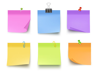 Wall Mural - Notes colored. Sticky papers with pin clips memo bank business notes vector realistic template. Office paper memo, sticky note, pin messag illustration