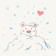 Wall Mural - Lovely cute cheerful piggy is sitting in a snowdrift covered in snow. Valentine card with symbol of the year - a pig.