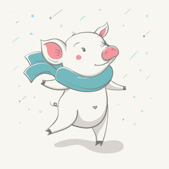 Wall Mural - Lovely cute cheerful piggy runs in a scarf. Card with cartoon animal.