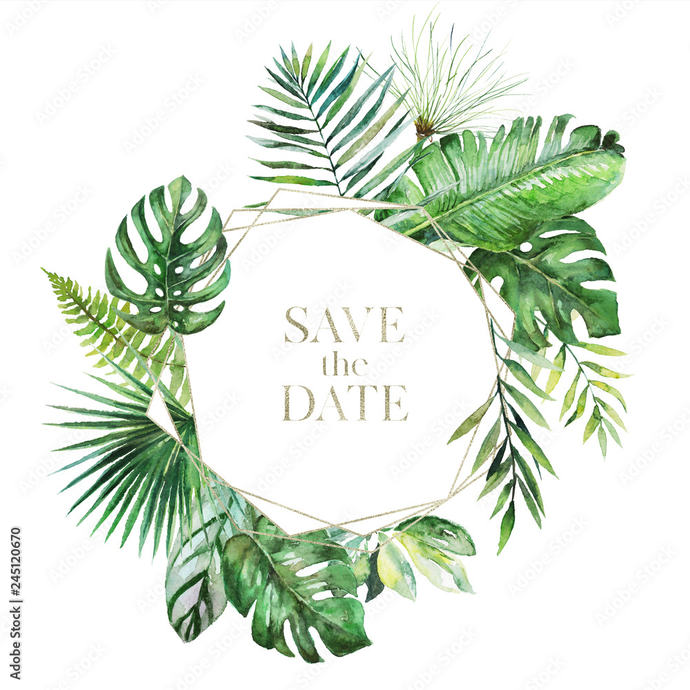 Tropical exotic watercolor floral illustration - leaf wreath / frame ...