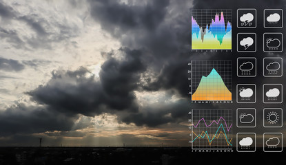 Wall Mural - weather forecast symbol data presentation with graph and chart on tropical storm cloud with sunlight