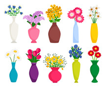 Set Of Colored Vases With Blooming Flowers For Decoration And Interior. Chamomile, Tulip, Poppy And Lilac. Vector Illustration