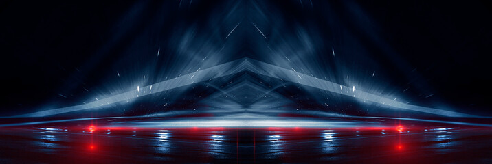 Background wall with neon lines and rays. Background of an empty dark corridor, parking, airport with neon light. Abstract background with lines and glow. Wet asphalt, the reflection of neon lights in