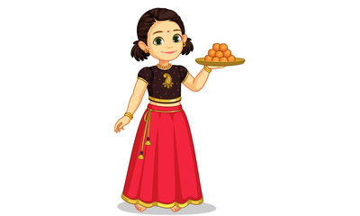 Wall Mural - Cute little girl in traditional wear holding a plate of sweets