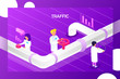 © sweet kiwi - science lab. team of scientists. Landing page, banner, web page. vector illustration. pipeline with valve.