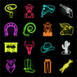 Rodeo, competition neon icons in set collection for design. Cowboy and equipment vector symbol stock web illustration.