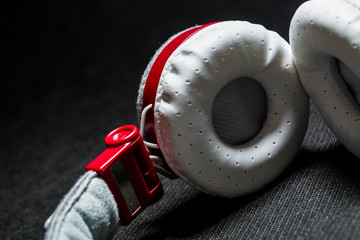 Poster - White earphones for listening of music. Red plastic and skin. On a black background. Modern technologies. Fashionable appearance.