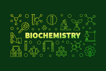 Wall Mural - Biochemistry vector green concept horizontal banner or illustration in outline style on dark background