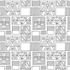 Wall Mural - Seamless vector pattern. Black and white geometrical hand drawn background with etnic elements. Print for background, wallpaper, packaging, wrapping, fabric. Tribal grafhic design