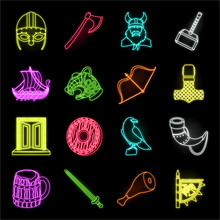 Vikings And Attributes Neon Icons In Set Collection For Design.Old Norse Warrior Vector Symbol Stock Web Illustration.
