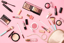  Professional Makeup Tools. Makeup Products On A Colored Background Top View. A Set Of Various Products For Makeup.
