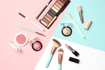  professional makeup tools. Makeup products on a colored background top view. A set of various products for makeup.