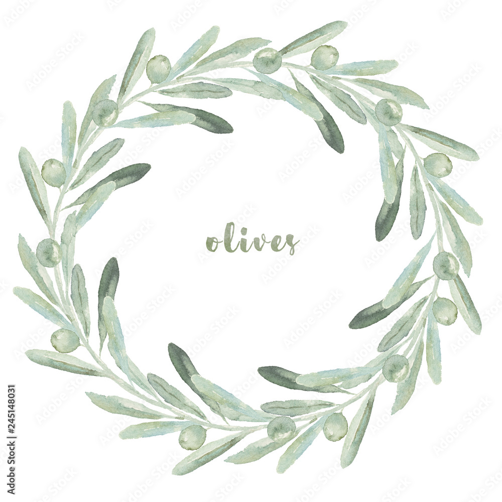 Watercolor floral illustration with olive wreath Stock Illustration ...