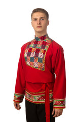 Portrait of the attractive russian guy in red folk costume isolated on white