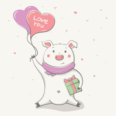 Wall Mural - Lovely cute cheerful piggy with balloon heart and present. Valentine card