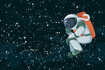 Wall Mural - Cartoon astronaut thinking or searching solution on space coloed background