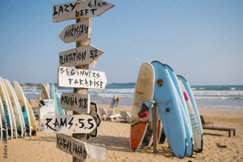 surfing on the beach, weligama sri lanka - obrazy, fototapety, plakaty 