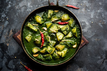 Aloo Palak Sabzi Or Spinach Potatoes Curry Served In A Bowl. Popular Indian Healthy Recipe. Selective Focus
