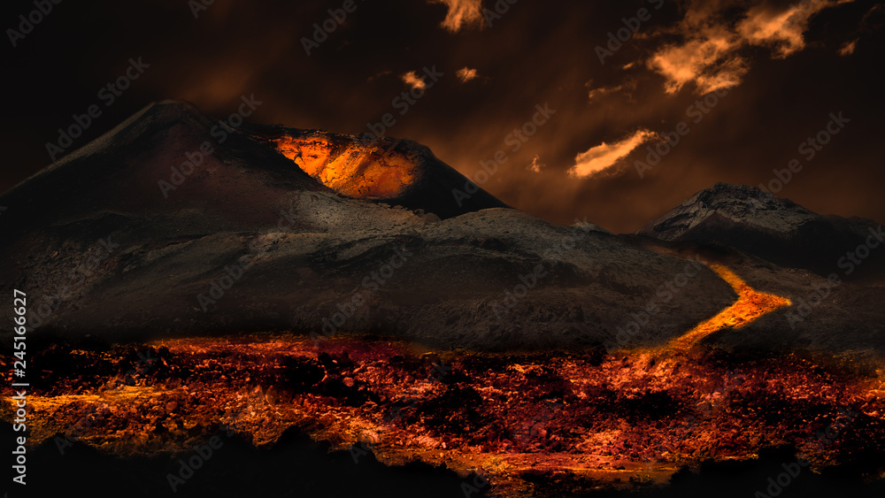 Lava flowing from volcano eruption. Image montage. - obrazy, fototapety, plakaty 