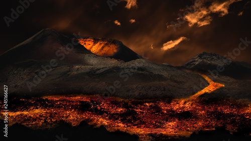 Cuadros en Lienzo Lava flowing from volcano eruption. Image montage.