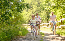 Family, Leisure And People Concept - Happy Mother, Father And Little Daughter Riding Bicycles In Summer Park