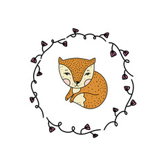 Wall Mural - Vector cute little fox art and boho floral frame. Poster and banner element, children's book illustration.