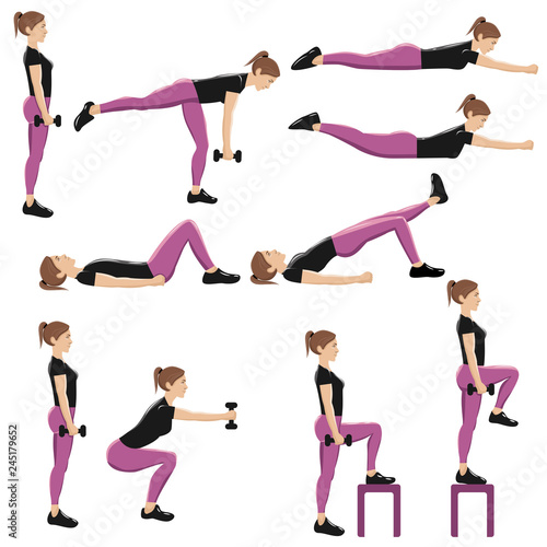 Set Of Five Vector Illustrations Of Glute Exercises And Workouts