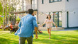 © Gorodenkoff - Beautiful Young Girl Runs Toward Her Boyfriend to Catche Him and Embrace. Two Young People in the Backyard of a Garden on a Hot Summer Day.