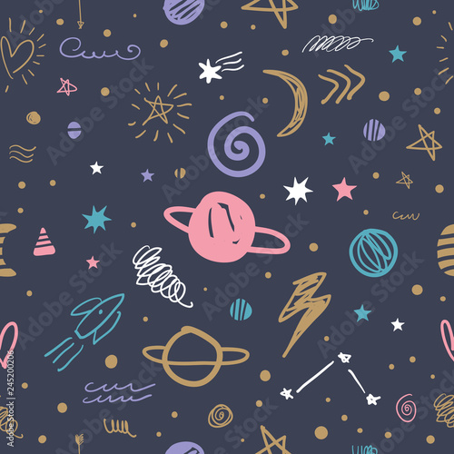 Vector Cute Cartoon Space Galaxy Pattern Nursery Wallpaper