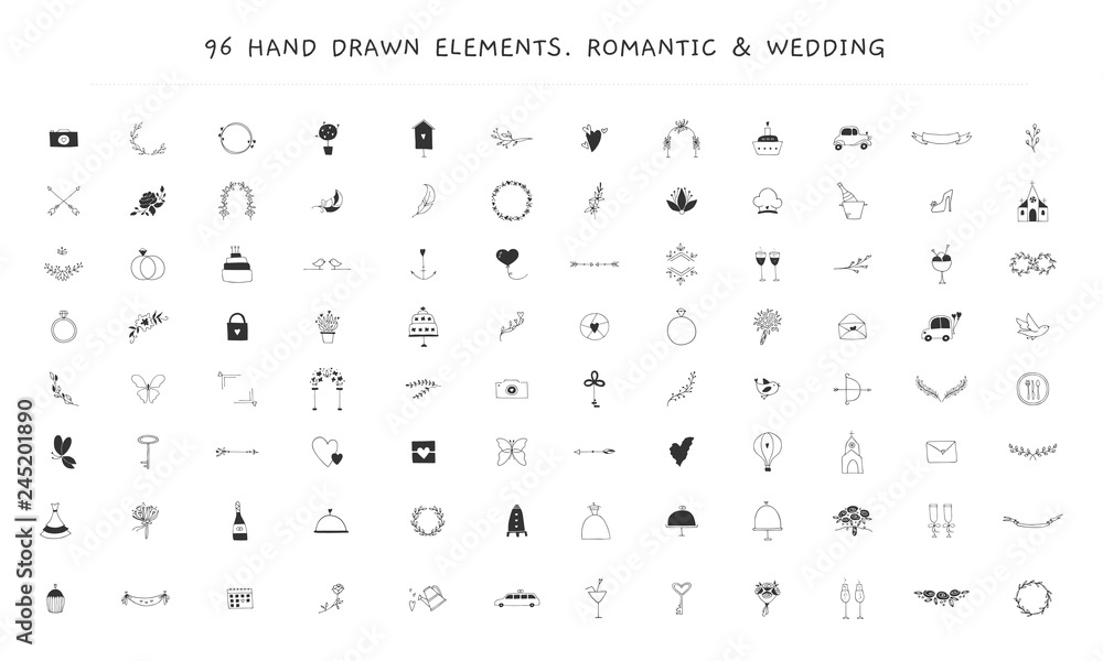 Big wedding and romantic logo elements set. Vector hand drawn objects ...