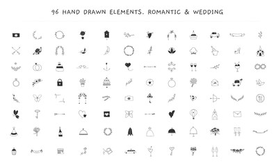 Big wedding and romantic logo elements set. Vector hand drawn objects.
