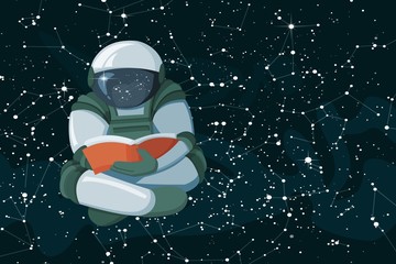 cartoon floating astronaut reading a book on space coloed background