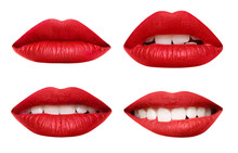 Set Of Mouths With Beautiful Make-up Isolated On White. Red Lipstick