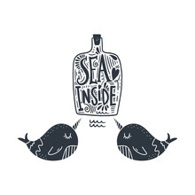 Little Cute Narwhals And Bottle. Hand Drawn Stylish Nursery Art. Vector Illustration.