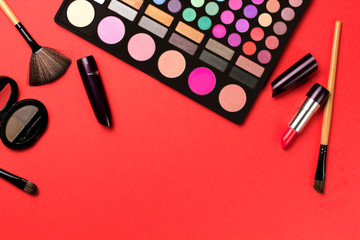 Set of cosmetics on color background.