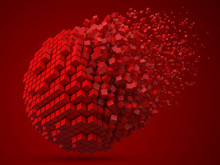 Dissolving Spherical Data Block. Made With Red Cubes. 3d Pixel Style Vector Illustration.