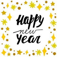 Leinwandbilder - New Year Greetings Template. Vector Illustration with Hand Lettering Quote and Golden Decoration