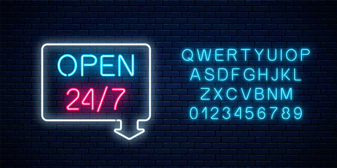 Wall Mural - Neon open 24 hours 7 days a week sign in geometric shape with arrow and alphabet. Round the clock working bar