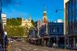New Zealand, South Island. Dunedin - Stuart Street. There are St. Paul's Cathedral and Dunedin Town Hall in the background