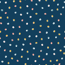Modern Hand Drawn Polka Dots Seamless Vector Pattern. Abstract Geometric Background. Textured Circles Randomly Scattered. Collage Style Dots Blue, Pink, Coral, Gold. For Fabric, Decor, Paper.