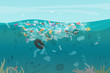 © lembergvector - Plastic pollution trash underwater sea with different kinds of garbage - plastic bottles, bags, wastes floating in water. Sea ocean water pollution concept vector illustration.