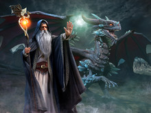 Wizard And Dragon Scene 3d Illustration