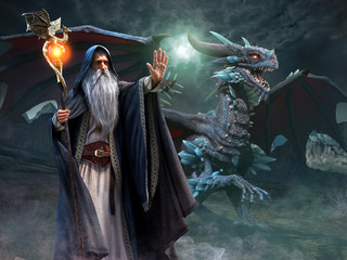 Wall Mural - Wizard and dragon scene 3d illustration