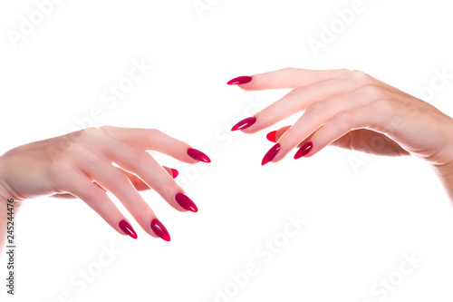 Αφίσα Bright festive red manicure on female hands. Nails design