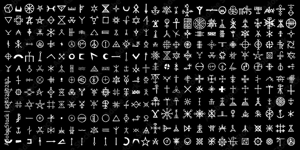 Large set of alchemical symbols on the theme of old manuscript with occult lyrics alphabet and symbols. Esoteric written signs inspired by medieval writings. Vector - obrazy, fototapety, plakaty 