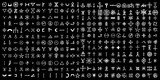 Fototapeta  - Large set of alchemical symbols on the theme of old manuscript with occult lyrics alphabet and symbols. Esoteric written signs inspired by medieval writings. Vector