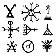 Canvas Print - Futhark Norse island and Viking symbol set. Imaginary magic letters in hand drawing and writing symbols. Inspired by ancient Iceland and ethnic Norse Viking. Vector